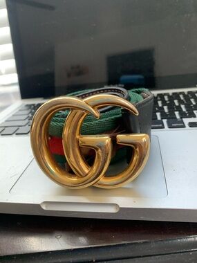 Gucci Brown Leather and Green-Red Web Belt with Black Trim